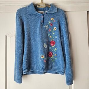 Alfred Dunner Sweater Womens PXL Blue Floral Embroidered Chenille Knit Spring